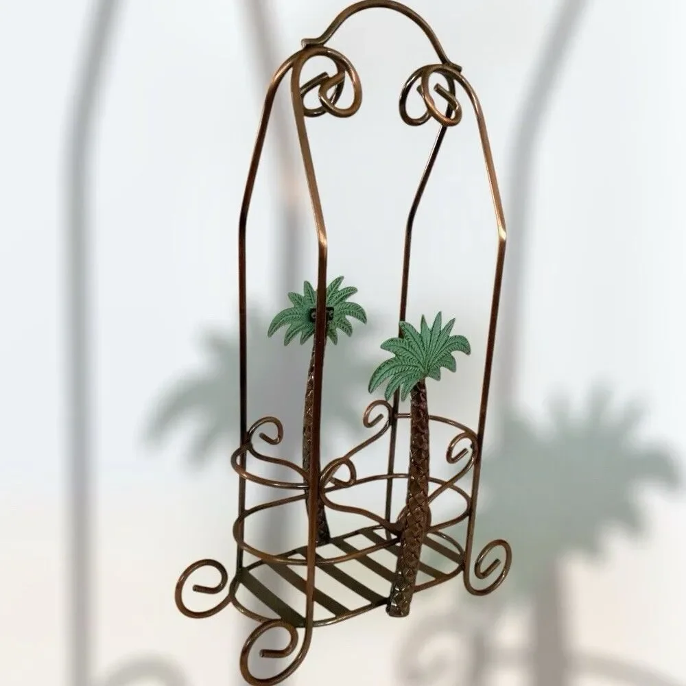 Palm Tree Wine Caddy Copper Metal 2 Bottle Or Plant Holder Tropical Decor